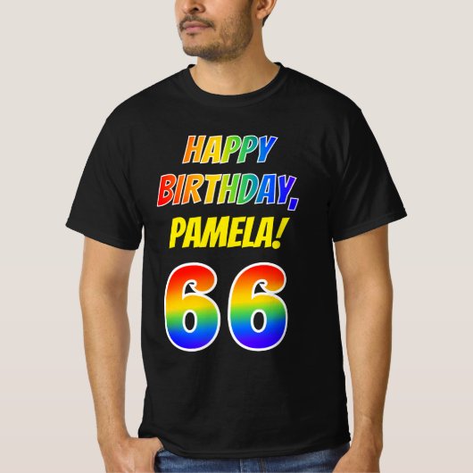 66番目の誕生日— はっきりした、おもしろい、Rainbow 66、名前をカスタムする Tシャツ (正面)