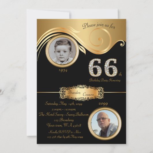 66番目，誕生日マン66番目，アエレガントートデコ，黒の金ゴールド 招待状 (正面)