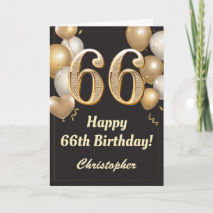 66誕生日ブラック&金ゴールドバルーン紙吹雪 カード