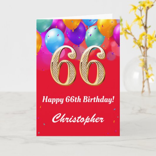 66誕生日赤と金ゴールド吹きカラフル出 カード (黄色い花)