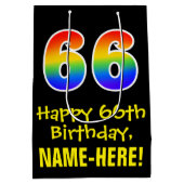 66誕生日:おもしろいはっきりした、カラフルレインボー「66」 ミディアムペーパーバッグ (裏面)