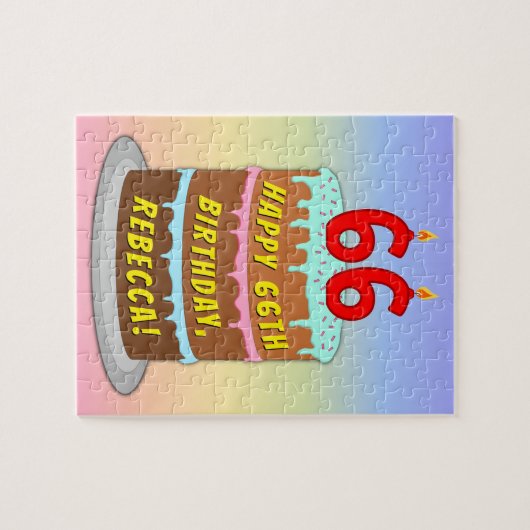 66誕生日:おもしろいケーキとキャンドル+名前をカスタムする ジグソーパズル (横)