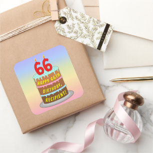 66誕生日:おもしろいケーキとキャンドル+名前をカスタムする スクエアシール