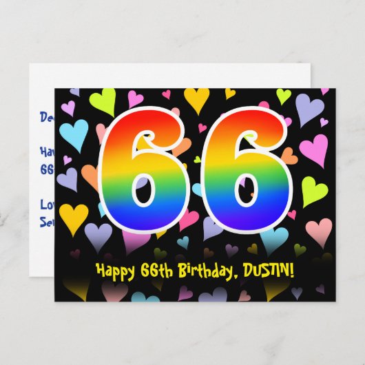 66誕生日:おもしろいハートパターン、虹66 ポストカード (正面/裏面)
