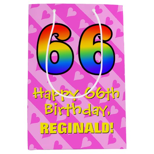66誕生日:おもしろいピンクハートストライプ、虹66 ミディアムペーパーバッグ (正面)