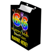 66誕生日:おもしろい花火パターン+虹66 ミディアムペーパーバッグ (正面アングル)