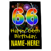 66誕生日:おもしろい花火パターン+虹66 ミディアムペーパーバッグ (正面)