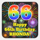 66誕生日:おもしろい花火ルック、虹# 66 スクエアシール (正面)