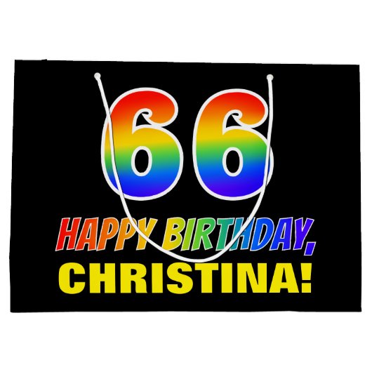 66誕生日: はっきりした,おもしろい,シンプル虹, 66 ラージペーパーバッグ (裏面)