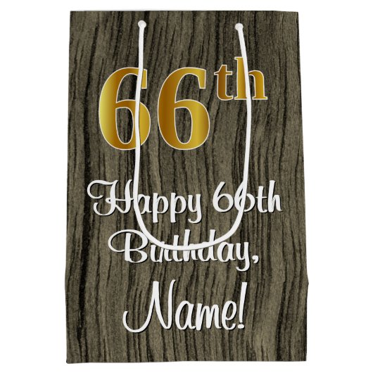 66誕生日:エレガントフェイク金ゴールドルック#,フェイク Wood ミディアムペーパーバッグ (裏面)