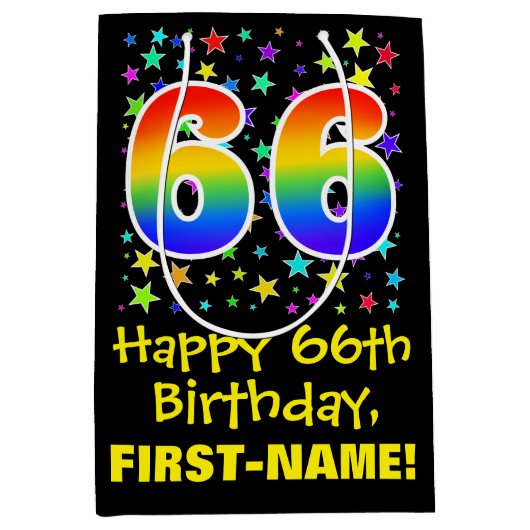66誕生日:カラフルスターズパターン&レインボー66 ミディアムペーパーバッグ (正面)