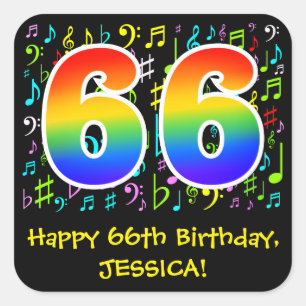 66誕生日:カラフル音楽シンボル、レインボー66 スクエアシール