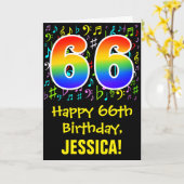 66誕生日:カラフル音楽シンボル+虹66 カード (黄色い花)