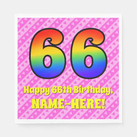 66誕生日：ピンクストライプのハート、レインボー# 66 スタンダードランチョンナプキン (正面)