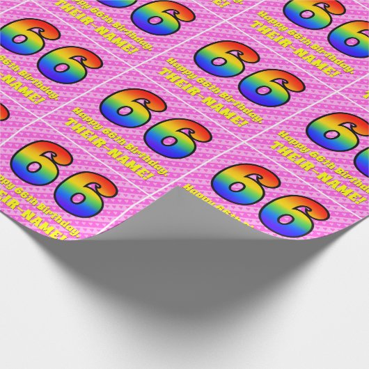 66誕生日:ピンクストライプのハート、レインボー# 66 ラッピングペーパー (角)