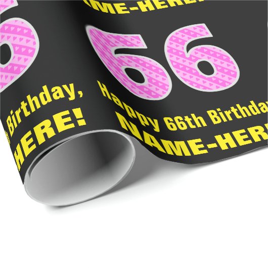 66誕生日:ピンクストライプ色のハートと"66" +名前 ラッピングペーパー (ロールコーナー)