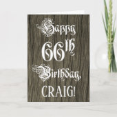 66誕生日:ファンシー、エレガント文字フェイク、木目 カード (正面)