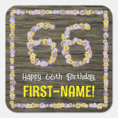 66誕生日:フローラ番号フェイク、木目、名前 スクエアシール (正面)