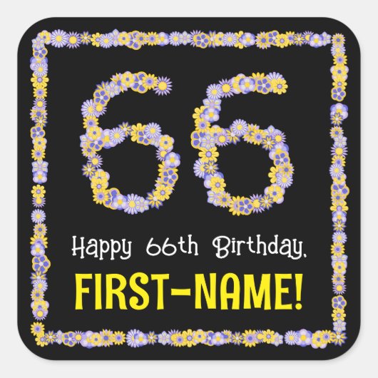 66誕生日:フローラ花数名前をカスタムする スクエアシール (正面)