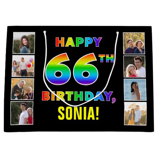 66誕生日:レインボー文字カスタム、写真&名前 ラージペーパーバッグ (正面)