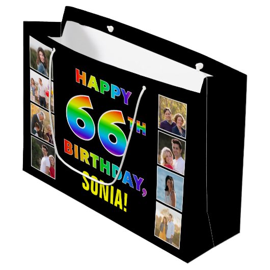 66誕生日:レインボー文字カスタム、写真&名前 ラージペーパーバッグ (正面アングル)