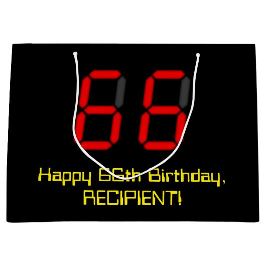 66誕生日：レッドデジタルクロックスタイル"66" +名前 ラージペーパーバッグ (正面)