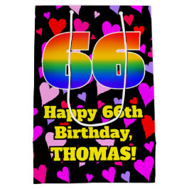66誕生日：愛するハートパターン、虹# 66 ミディアムペーパーバッグ