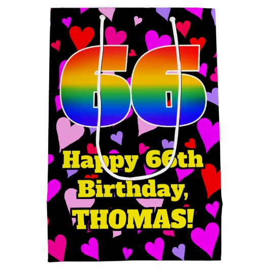 66誕生日:愛するハートパターン、虹# 66 ミディアムペーパーバッグ (裏面)