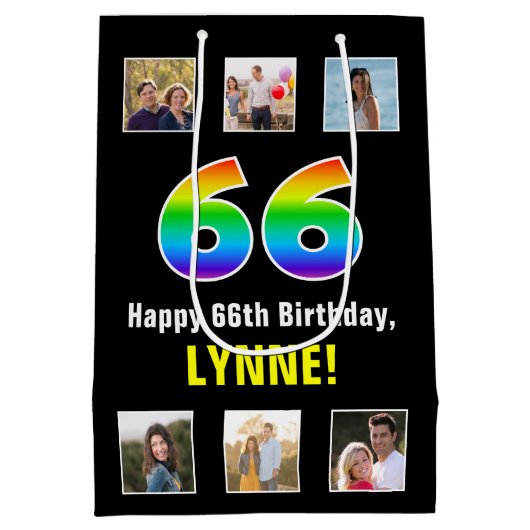 66誕生日: Rainbow "66"，写真カスタムと名前 ミディアムペーパーバッグ (裏面)