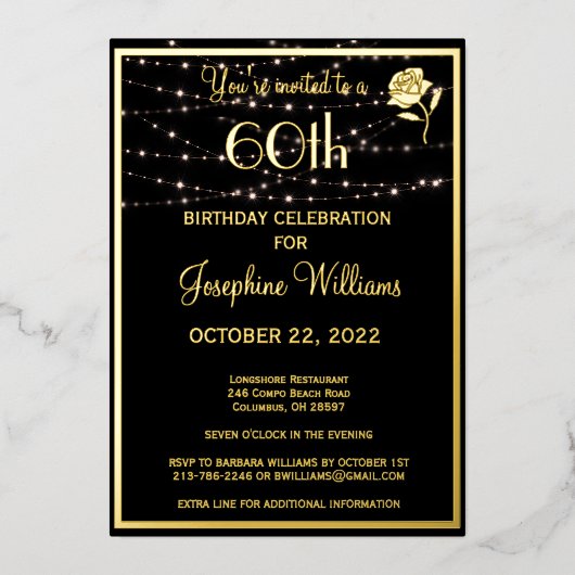 660エレガント誕生日黒実在金ゴールド 箔招待状 (正面)
