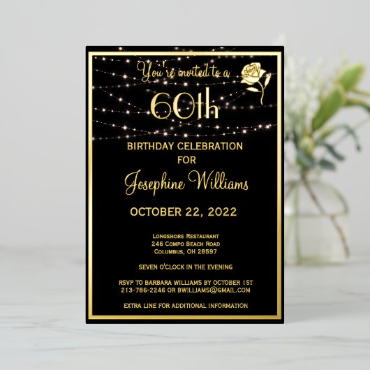 660エレガント誕生日黒実在金ゴールド 箔招待状 (立ち正面)