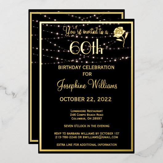 660エレガント誕生日黒実在金ゴールド 箔招待状 (正面/裏面)