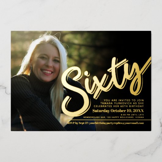 660誕生日カスタムフォトスクリプト金ゴールド 箔招待状 (正面)