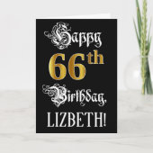 66th誕生日:ファンシースクリプト、フェイク金ゴールド・ルック、名前 カード (正面)