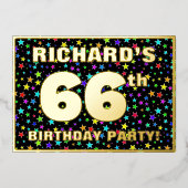 66th Birthday Party —おもしろいカラフル、Stars Pattern 箔招待状 (正面)