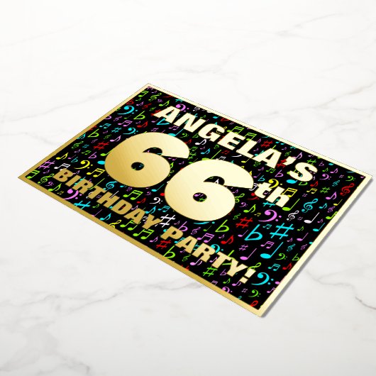 66th Birthday Party —おもしろい、音楽カラフル記号 箔招待状 (回転した状態)