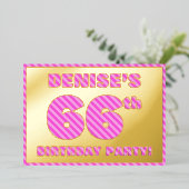 66th Birthday Party — はっきりした、おもしろい、ピンクストライプ色66 箔招待状 (立ち正面)
