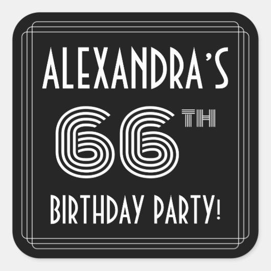 66th Birthday Party:アールデコスタイルと名前をカスタムする スクエアシール (正面)