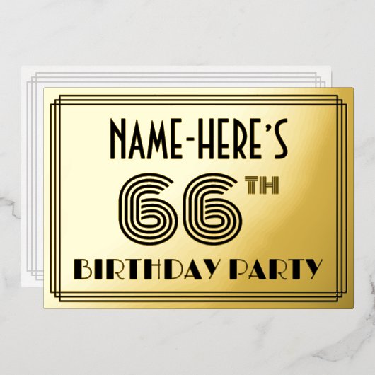 66th Birthday Party —アールデコスタイル「66」 & Name 箔招待状 (正面/裏面)