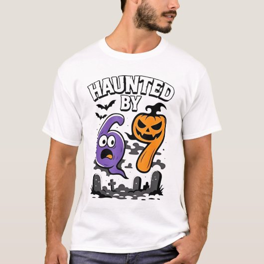 67に憑かれた - 怖い幽霊とカボチャのハロウィン Tシャツ (正面)