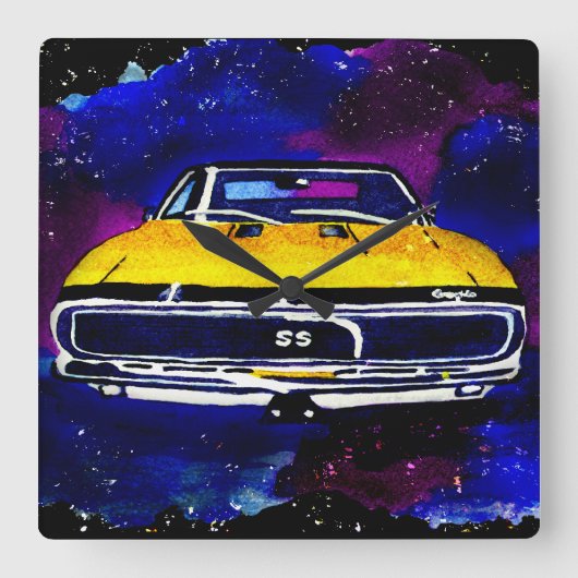 "67年シボレーカマロSS" ウォーターカラーアートクロックスクエア スクエア壁時計 (正面)