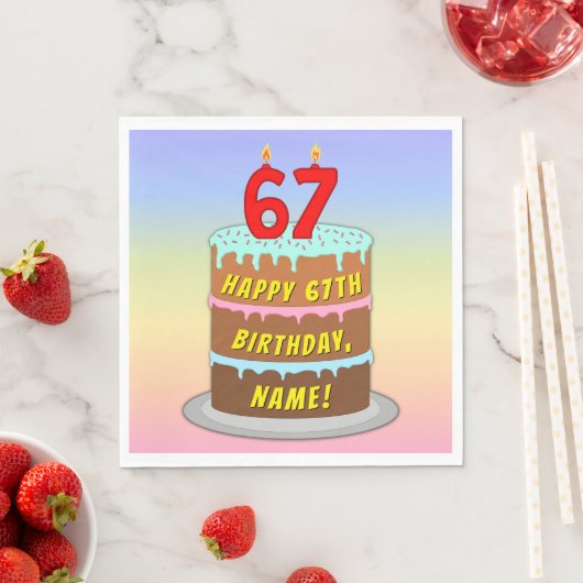 67歳の誕生日: おもしろいケーキとロウソク + 名前をカスタマイズ スタンダードランチョンナプキン (インサイチュ)