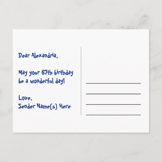 67歳の誕生日:ピンクのストライプとハート、虹色67 ポストカード (裏面)