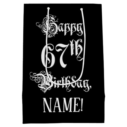 67番目の誕生日: ファンシー、スクリプエレガントト+名前をカスタムする ミディアムペーパーバッグ (裏面)