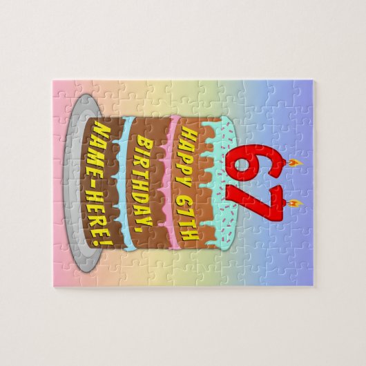 67誕生日:おもしろいケーキとキャンドル+名前をカスタムする ジグソーパズル (横)