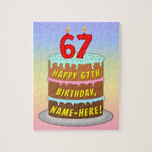 67誕生日:おもしろいケーキとキャンドル+名前をカスタムする ジグソーパズル (縦)