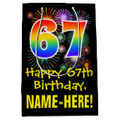 67誕生日:おもしろい花火パターン+虹67 ミディアムペーパーバッグ (正面)