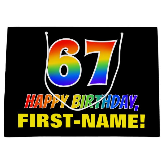 67誕生日:はっきりした,おもしろい,シンプル虹， 67 ラージペーパーバッグ (正面)