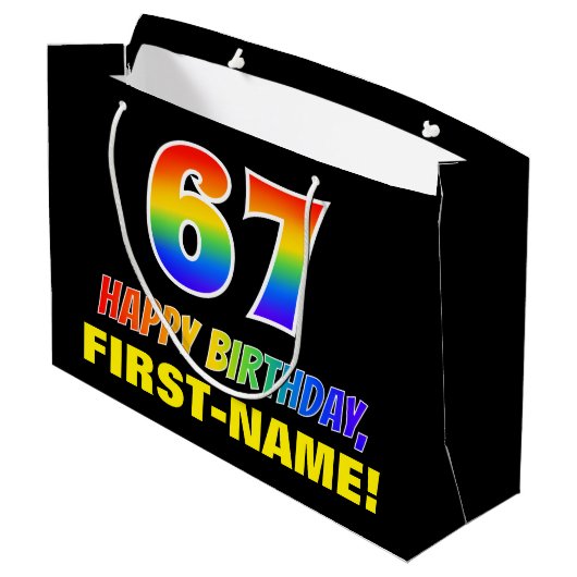 67誕生日:はっきりした,おもしろい,シンプル虹， 67 ラージペーパーバッグ (裏面アングル)