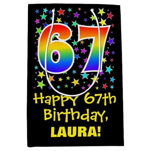 67誕生日:カラフルスターズパターン&レインボー67 ミディアムペーパーバッグ (正面)